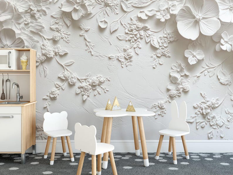 3D Floral Bloom Wallpaper – Sculpted Botanical Wall Mural - Etsy