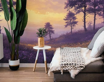 Watercolor Landscape Peel and Stick Mural / Purple Meadow wallpaper/ Country & Farmhouse print - Removable Self-adhesive or Non-Pasted