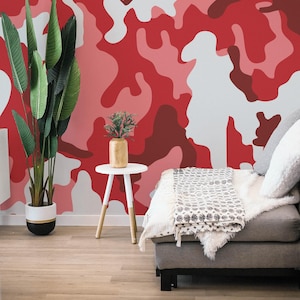 Red Camouflage entfernbares Vinylwandbild / Peel and Stick Red Camo Muster Tapete / Red Camo Wandbild Druck - Peel & Stick oder nicht geklebt