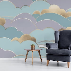 Art Deco removable vinyl mural / Peel and stick Clouds pattern wallpaper - Peel & Stick or Non-pasted / Art Deco mural print