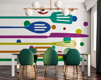 Colorful Kitchen Tools Wall Mural – Playful Modern Utensils Peel & Stick Wallpaper