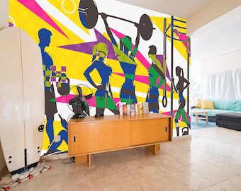 Active Fitness Silhouettes Wall Mural – Modern Gym Lifestyle Peel & Stick Wallpaper