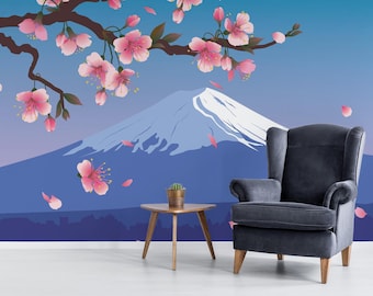Cherry Blossom Mountain Mural – Peel and Stick Wallpaper