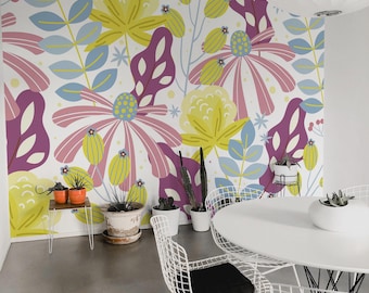 Stylized Floral Garden Wall Mural, Colorful Kids Room Decor | Removable or Traditional Wallpaper Mural