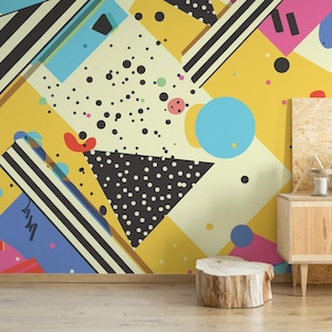 Retro Geometric Abstract removable vinyl mural / Colorful Geometric wallpaper mural / Retro mural print - Peel & Stick or Non-Pasted