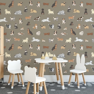 Playful Puppy wallpaper / Peel & Stick Cute Dog Breeds wall mural / Drawn Dogs Pattern mural print – Removable Self-adhesive or Non-Pasted