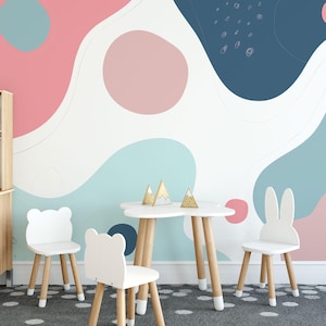 Abstract pink and blue removable vinyl mural / Peel and stick Shapes pattern wallpaper - Peel & Stick or Non-pasted / Shapes mural print