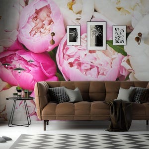 Peony removable vinyl mural / Peel and stick Flower pattern wallpaper / Flower mural print - Peel & Stick or Non-Pasted
