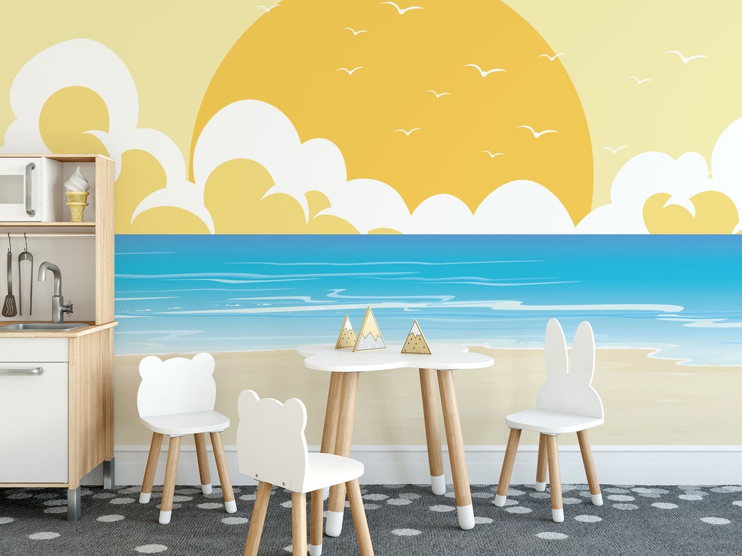 Beach Removable Vinyl Mural / Peel and Stick Sunset Wallpaper / Beach ...