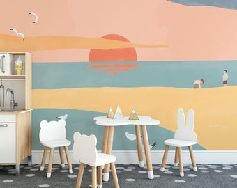 Watercolor sunset removable vinyl mural / Peel and stick watercolor sunset wallpaper / Sunset landscape mural print