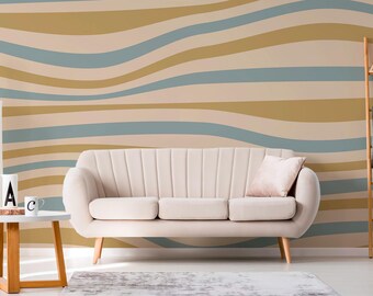 Mustard Retro Wavy Stripes Peel and Stick Mural / Minimalist Waves Wallpaper/ Mid-Century print - Removable Self-adhesive or Non-Pasted