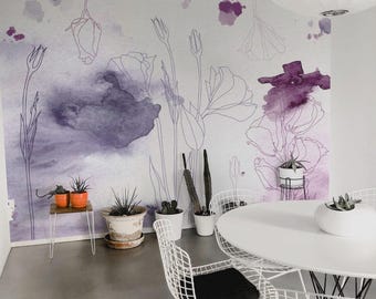 Purple Floral Watercolor Mural – Peel and Stick Wallpaper