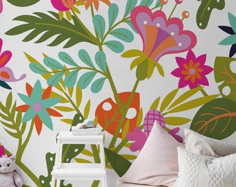 Colorful Floral Garden Wall Mural, Bold Dining Room Decor | Removable or Traditional Wallpaper Mural