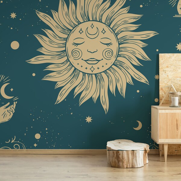 Celestial removable vinyl mural / Peel and stick astrology wallpaper / Celestial photo mural