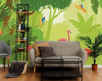 Tropical Jungle Peel and Stick Wall Mural / Exotic Birds wallpaper / Coastal & Tropical print - Removable Self-adhesive or Non-Pasted