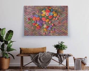 Floral Bouquet Canvas Print, Vibrant Blooms on Brick Wall