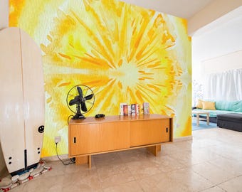 Watercolor Citrus Slice Wall Mural – Abstract Lemon Burst Peel & Stick Wallpaper