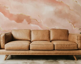 Peach Marble Mural – Abstract Gold Veins, Peel and Stick Wallpaper