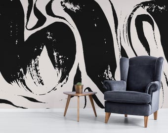 Abstract Brush Stroke Mural – Black and White, Removable Wallpaper
