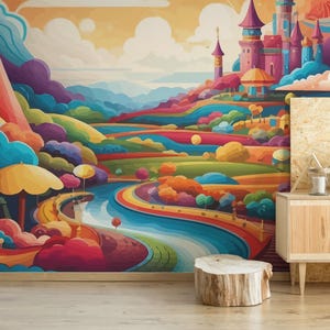 Carta da parati murale con paesaggio da favola / Carta da parati colorata per cameretta dei bambini - Stacca e attacca o non incolla / Stampa murale con castello da sogno