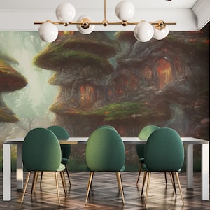 Murale in vinile rimovibile con case dei funghi / Carta da parati stacca e incolla con motivi chiari - Stacca e incolla o non incollata / Stampa murale leggera