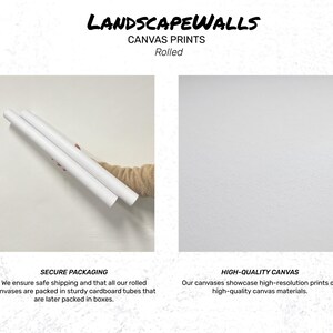 May include: The image showcases rolled canvas prints from LANDSCAPEWALLS. The text highlights secure packaging in cardboard tubes and high-quality canvas materials for high-resolution prints.