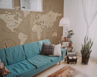 World Map removable vinyl mural / Peel and stick  World map wallpaper / World map mural print
