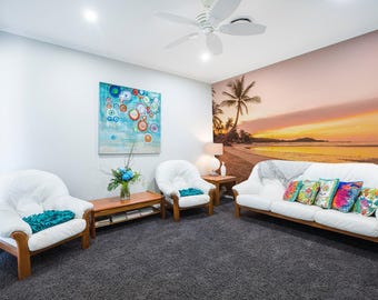 Mural de Praia com Pôr do Sol Dourado – Papel de Parede Autoadesivo