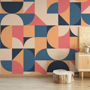 Murale geometrico in vinile rimovibile / Carta da parati stacca e incolla con motivo circolare / Stampa murale circolare - Stacca e incolla o non incollato