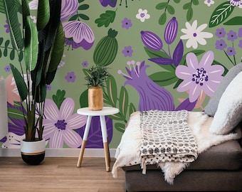 Dreamy Garden Peel and Stick Mural / Wildflowers wallpaper / Purple, Green Bohemian & Eclectic print - Removable Self-adhesive or Non-Pasted