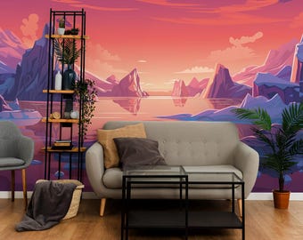 Mountain Landscape Peel and Stick Mural / Arctic Sunset wallpaper / Purple Coastal & Tropical print - Removable Self-adhesive or Non-Pasted
