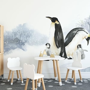 Penguin family removable vinyl mural / Peel and stick Penguin pattern wallpaper / Penguin mural print - Peel & Stick or Non-Pasted