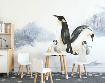 Penguin Family Mural – Watercolor Style, Peel & Stick Wallpaper
