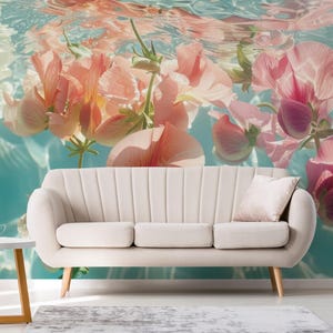 Floating Flowers wallpaper / Peel & Stick Underwater Floral wall mural / Aqua Bloom mural – Removable Self-adhesive or Non-Pasted