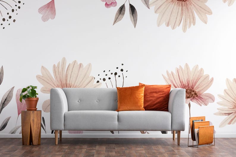 Beige Floral Wall Mural – Removable Peel & Stick Wallpaper image 2