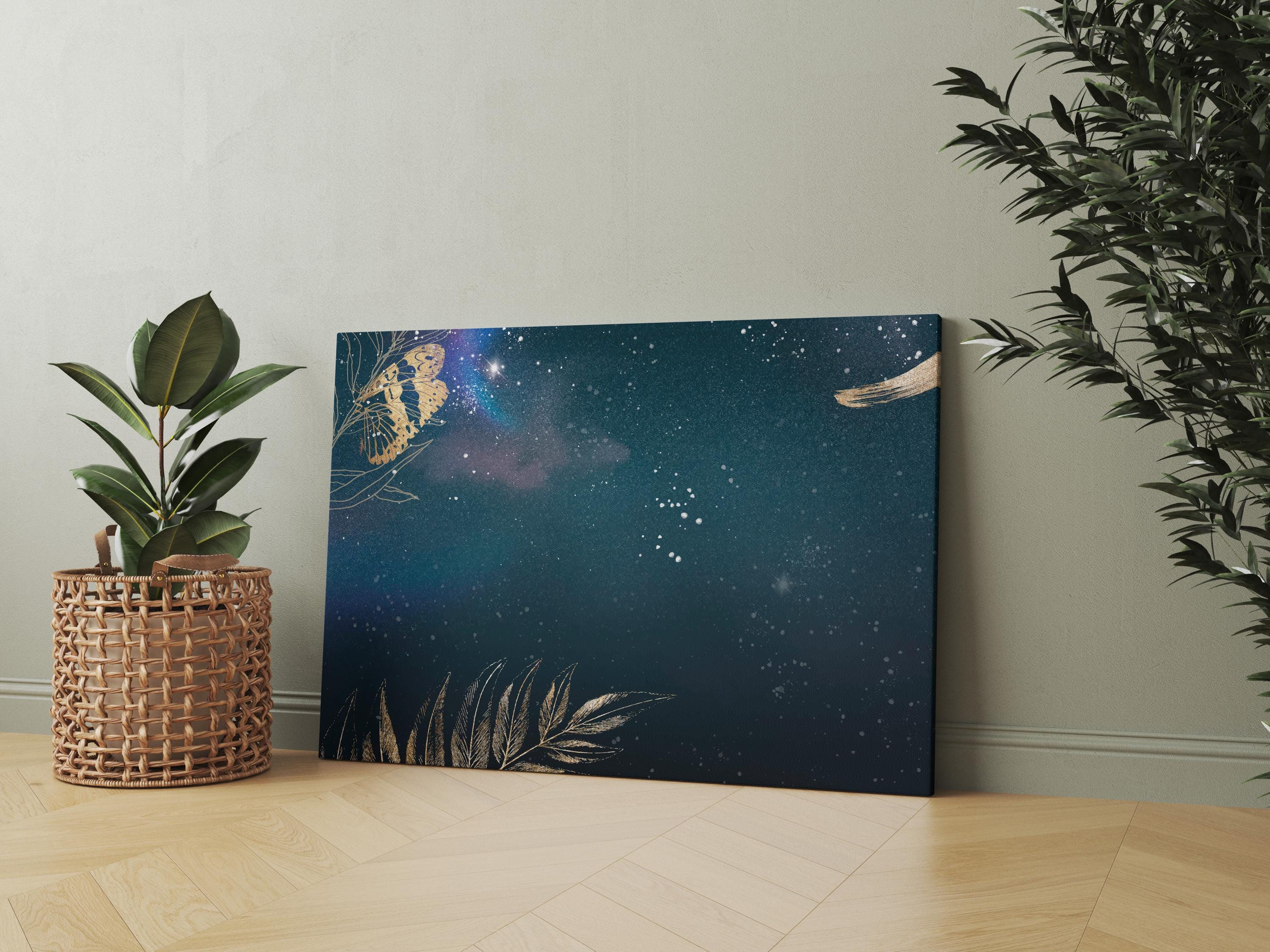 天体をテーマにしたキャンバスプリント / 金色の植物要素をあしらった
