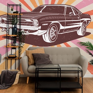 Carta da parati con auto muscolose retrò / Carta da parati murale con auto d'epoca staccabile e adesiva / Stampa murale Bold Sunburst - Rimovibile, autoadesiva o non incollata