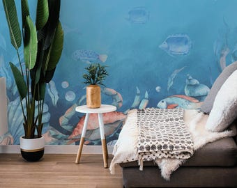 Underwater Peel and Stick Mural / Sea Life wallpaper / Blue, Coral Coastal & Tropical print - Removable Self-adhesive or Non-Pasted