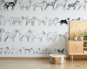 Dog breed removable vinyl mural / Peel and stick Dog pattern wallpaper - Peel & Stick or Non-pasted / Dog mural print