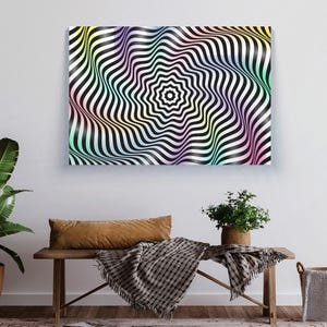 Puede incluir: Impresión de arte de pared abstracto con un patrón ondulado en blanco y negro con un efecto de degradado arcoíris.