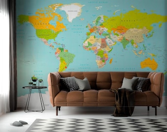 Detailed World Map Wall Mural – Educational Geography Peel & Stick Wallpaper