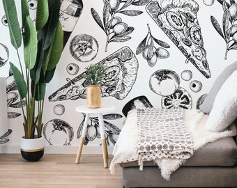 Italian Food Mural – Peel and Stick Wallpaper, Sketch Art