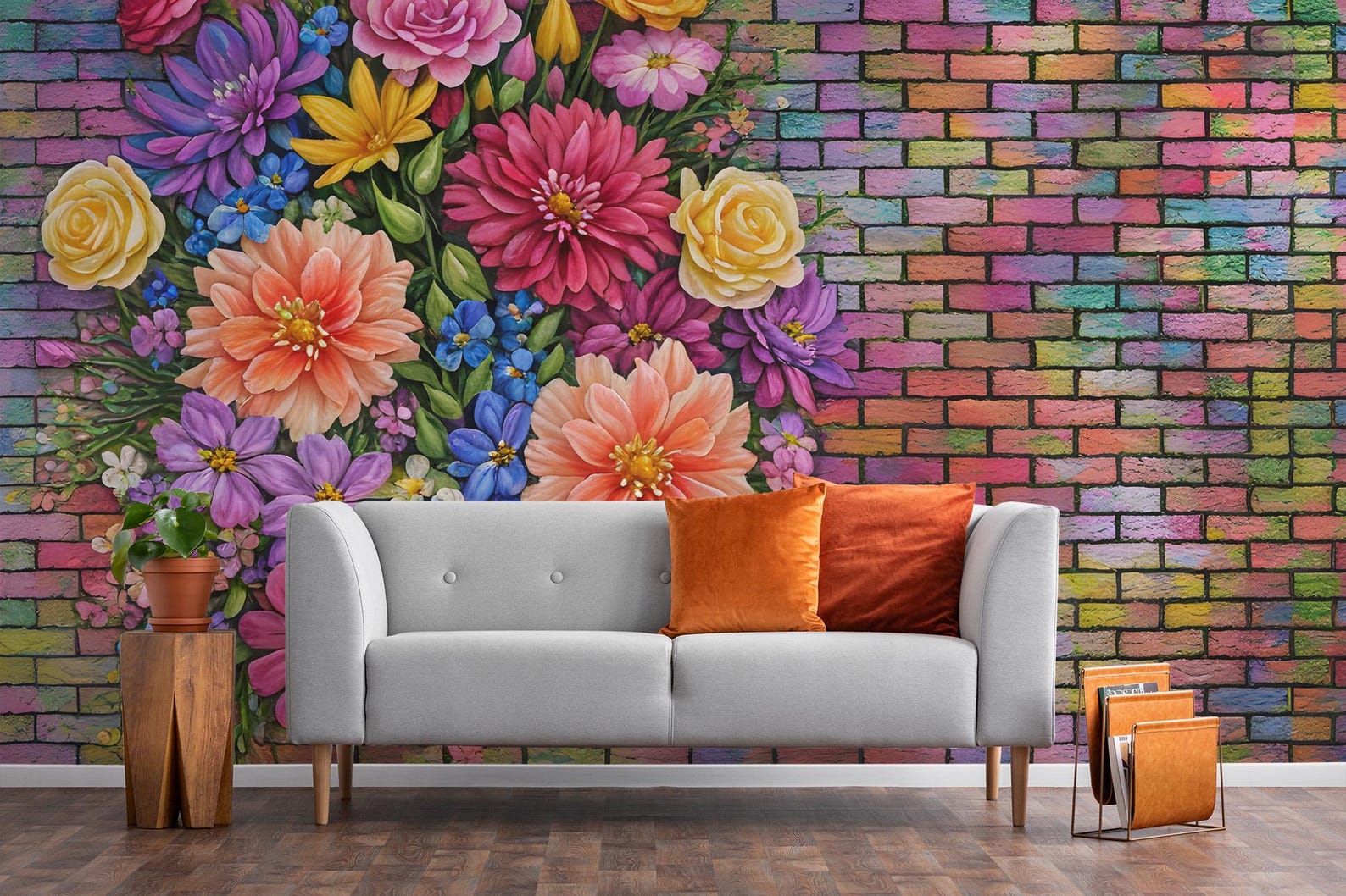 Floral Brick Wall Mural – Colorful Peel and Stick Wallpaper - Etsy