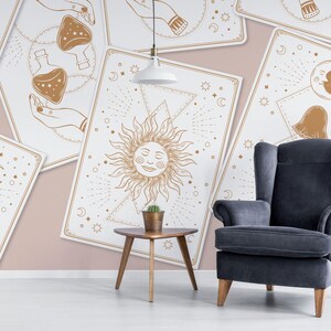 Mural de vinilo extraíble de cartas del tarot / Pelar y pegar papel tapiz de patrón de astrología / Impresión mural de astrología - Peel & Stick o Sin pegar