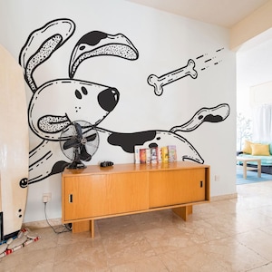 Dog removable vinyl mural / Peel and stick Playful Dog pattern wallpaper / Black and White Pet mural print - Peel & Stick or Non-Pasted