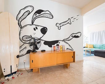 Dog removable vinyl mural / Peel and stick Playful Dog pattern wallpaper / Black and White Pet mural print - Peel & Stick or Non-Pasted