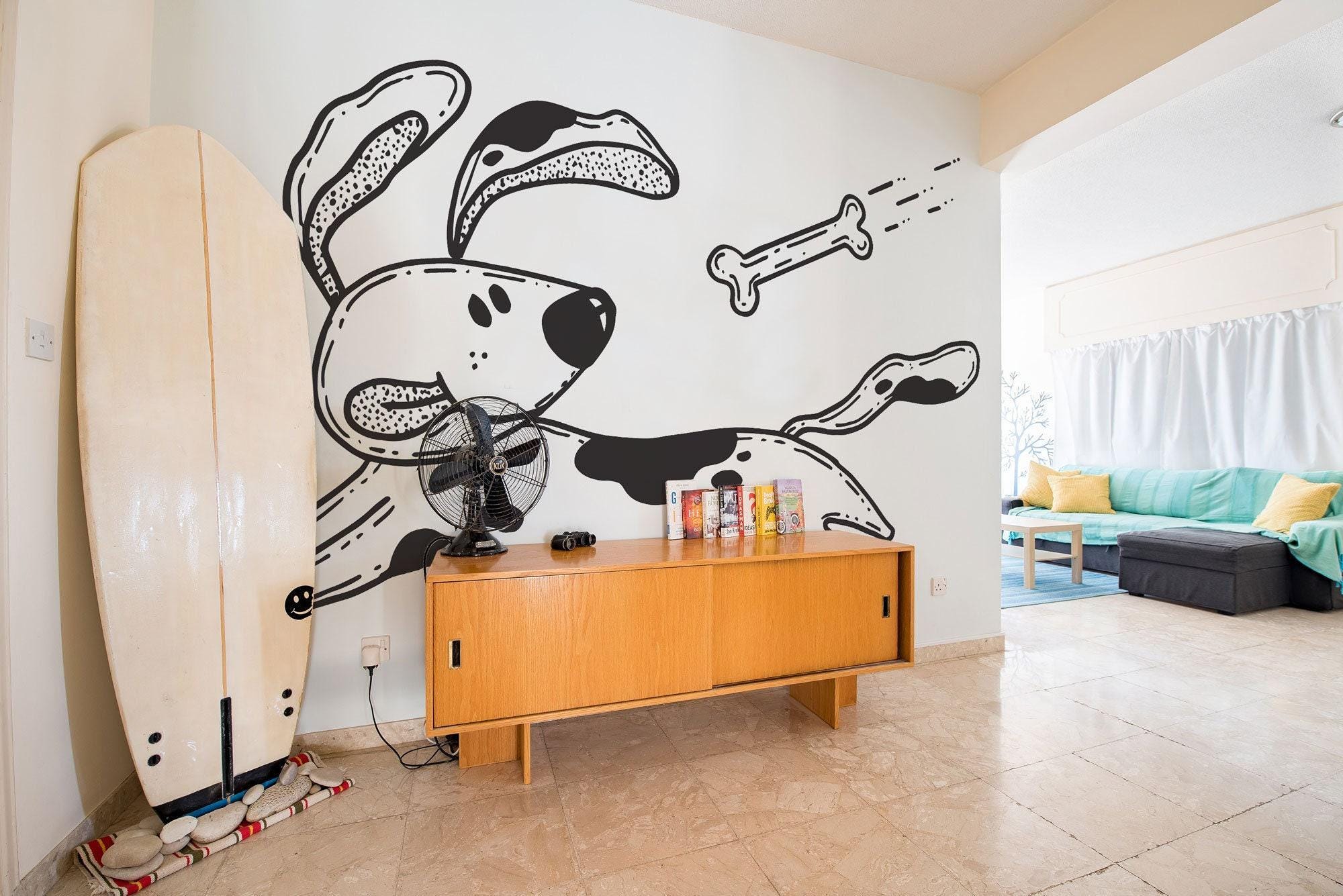 Dog removable vinyl mural / Peel and stick Playful Dog pattern wallpaper / Black and White Pet mural print - Peel & Stick or Non-Pasted