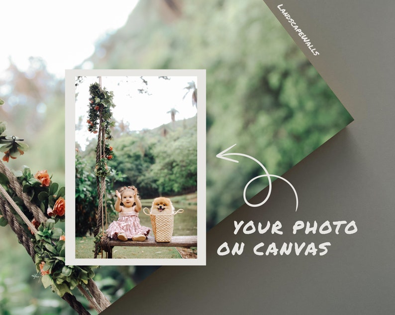 May include: A framed photo on canvas with the text "YOUR PHOTO ON CANVAS". The photo shows a child on a swing with a dog in a basket. The swing is decorated with flowers and greenery, set against a blurred green background.