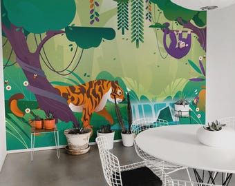 Jungle Peel and Stick Mural/ Animal wallpaper / Coastal & Tropical print - Removable Self-adhesive or Non-Pasted