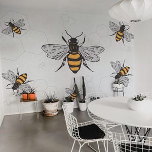 Murale in vinile rimovibile con ape volante / Carta da parati con motivo Peel and Stick Yellow Bee - Stampa murale Peel & Stick o non incollata / Yellow Bee
